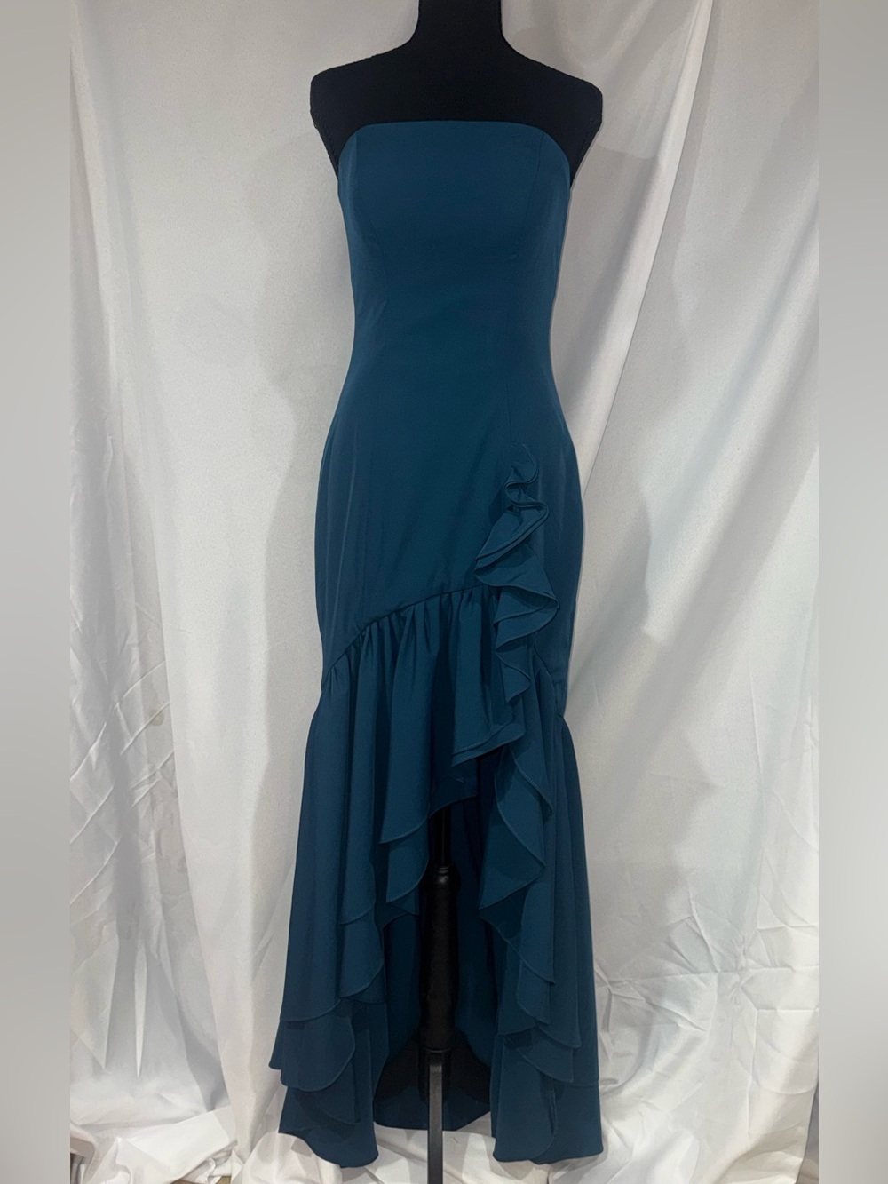 Strapless Teal High-Low Ruffle Evening Dress